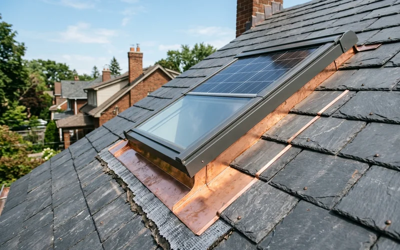 Copper and Velux flashing details around a solar skylight on a slate roof