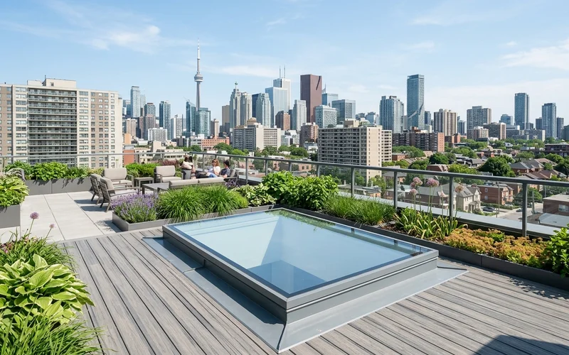 Fakro DXW walkable flat-roof skylight in a Toronto rooftop terrace