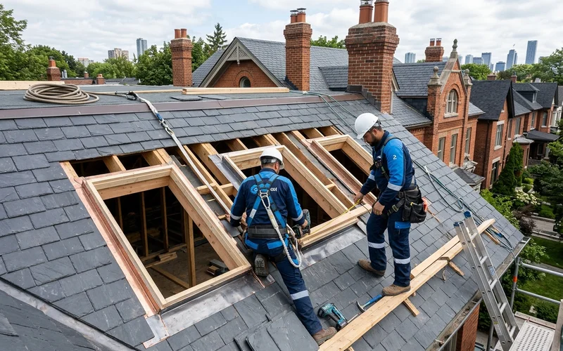 Installers framing three skylight openings on a Rosedale heritage roof