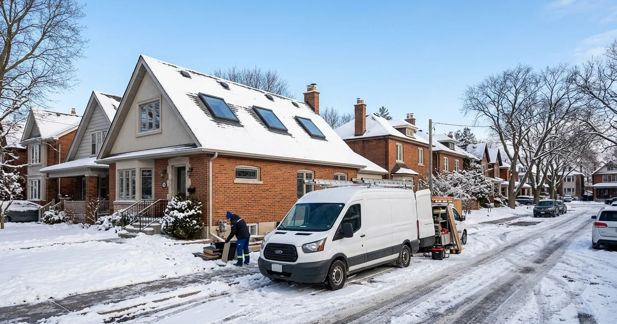 Snow-covered Toronto residential street in winter with skylights on the roofs