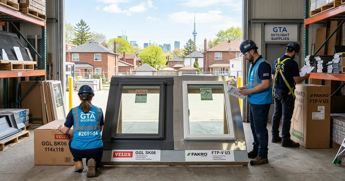 Velux and Fakro skylight units side by side in a Toronto supplier warehouse