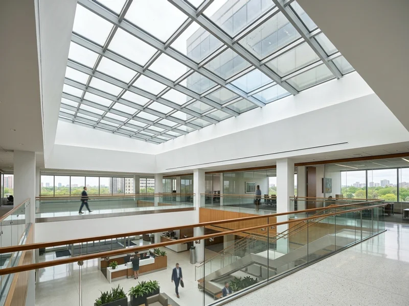 Commercial atrium with a replaced glass panel