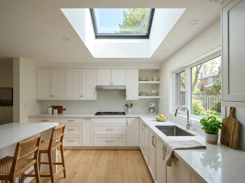 Leaside kitchen after skylight replacement with clear Low-E glass