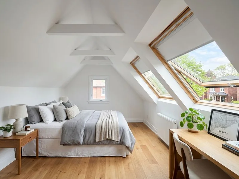 Leaside attic bedroom with two Velux skylights and blackout blinds