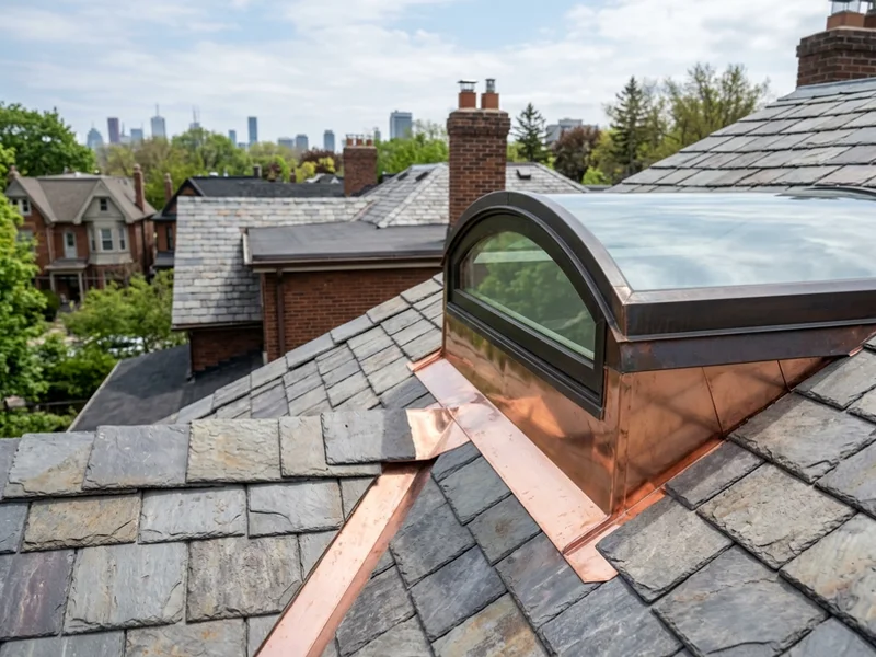 Copper flashing detail around a custom skylight on a slate roof
