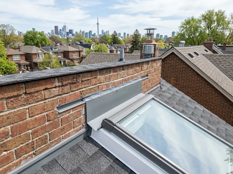 Reglet counter-flashing where a skylight meets a brick party wall