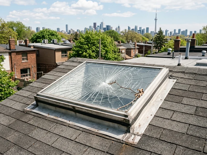 Cracked skylight pane from a falling branch before replacement