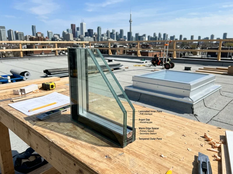 Cross-section of an insulated glass unit with laminated inner pane and warm-edge spacer