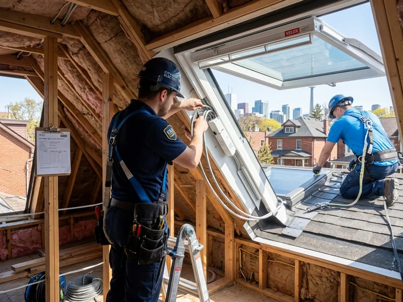 Electrician wiring an electric skylight motor under ESA permit