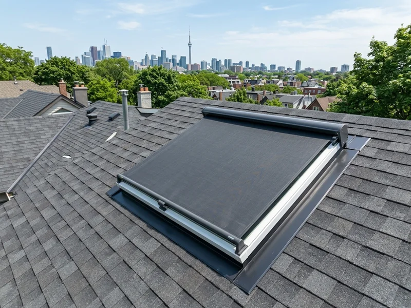 Exterior heat-reducing awning blind on a south-facing skylight