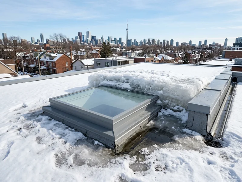 Ice dam built up above a skylight on a Toronto roof in late winter