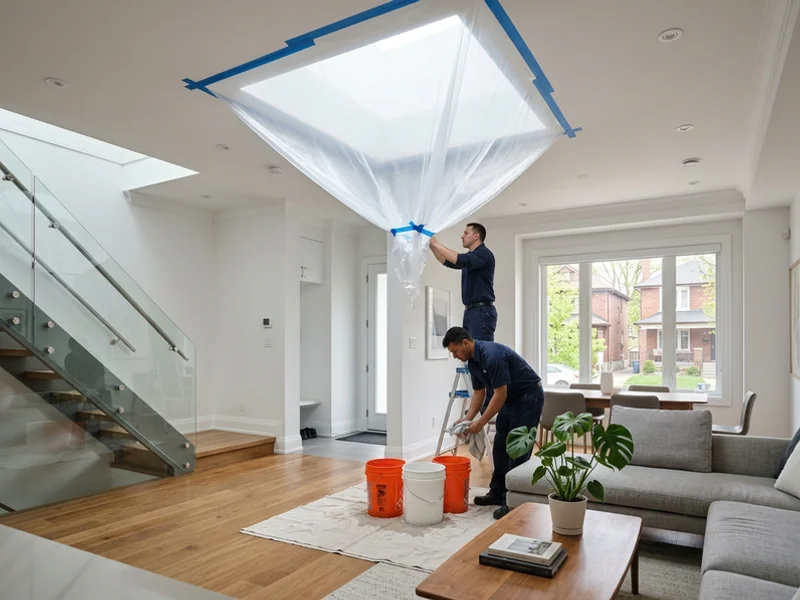 Interior protected with plastic sheeting under a leaking skylight