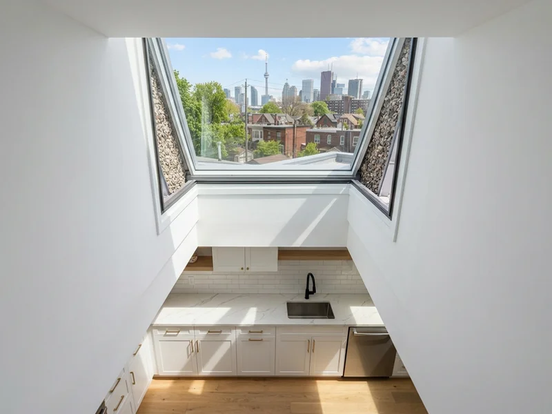 Laneway suite kitchen under a flat roof skylight