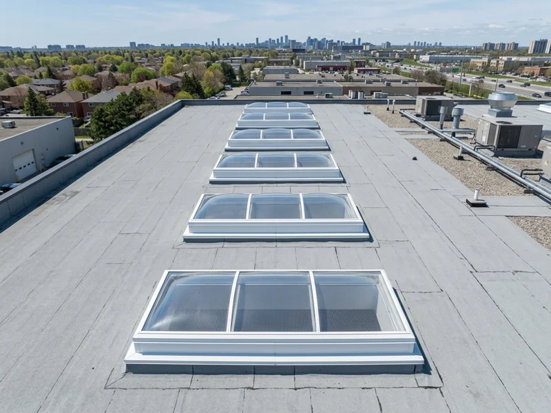 Row of new commercial curb-mount skylights on a Markham warehouse roof