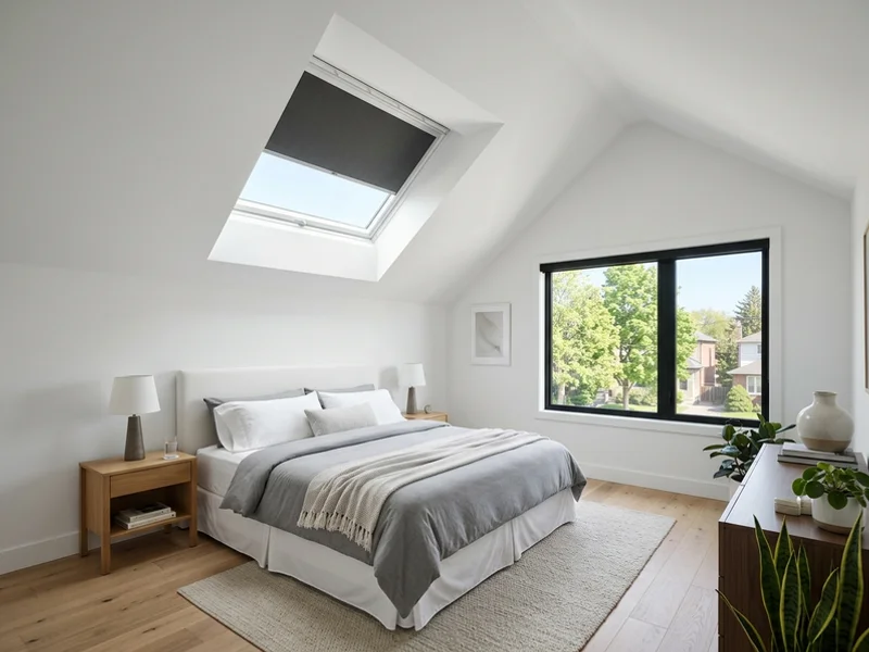 Bedroom with a solar skylight and matching solar blackout blind