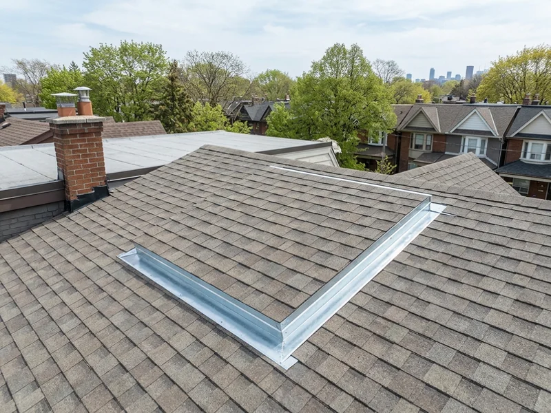 Old skylight opening closed permanently with new framing and shingles