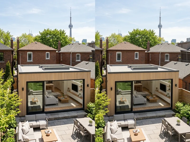 Rear addition family room lit by two flat roof skylights