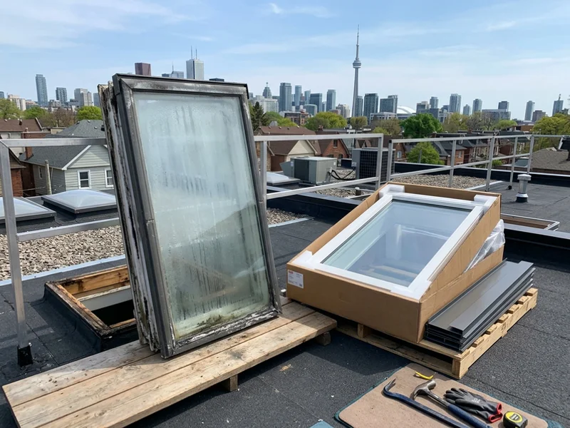 Old fogged Velux sash beside a new boxed Velux unit