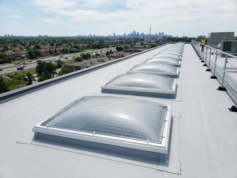 Replaced warehouse bay skylights with new screens on a Burlington roof