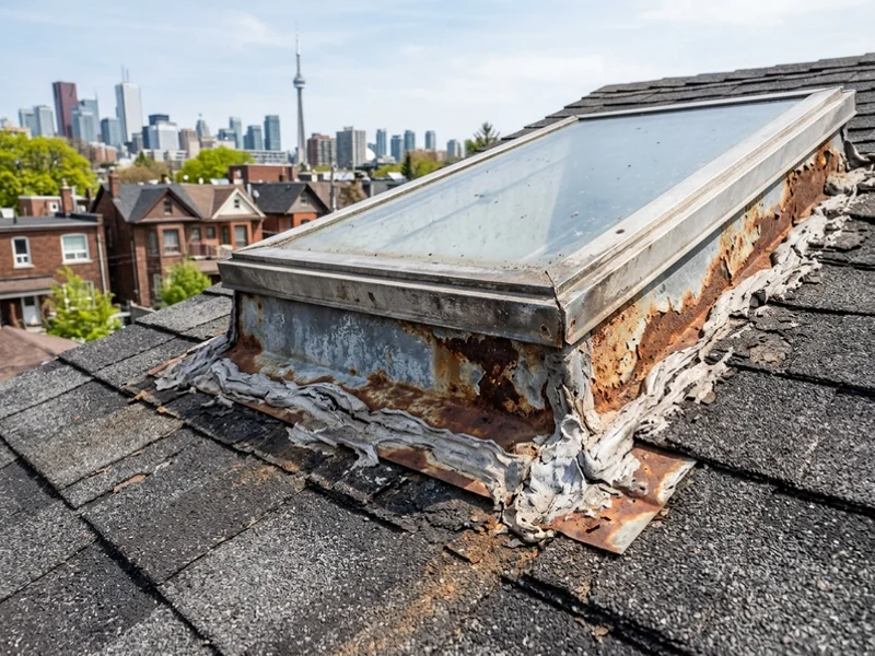 Rusted, caulked old skylight flashing before repair