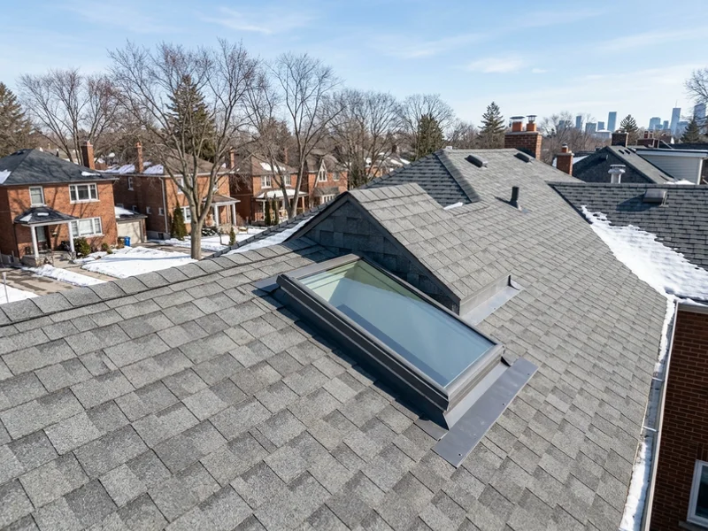 Saddle cricket built above a wide skylight to divert snow and meltwater