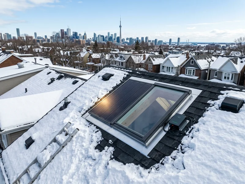 Solar skylight on a snowy roof with the panel clearing in sunshine