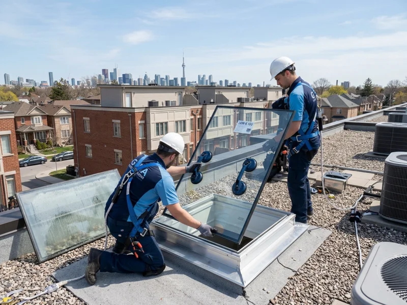 Technician replacing a fogged glass unit in a skylight frame