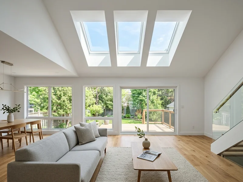 Three Velux FS skylights over an open-concept living room in Markham