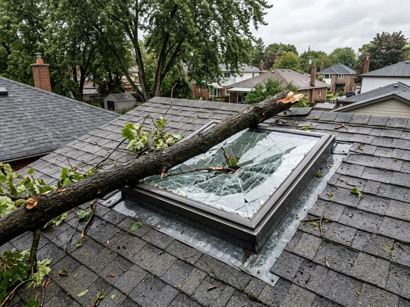 Tree branch lying across a shattered skylight after a wind storm