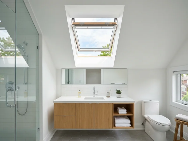 Bathroom with a replaced venting skylight open above the vanity