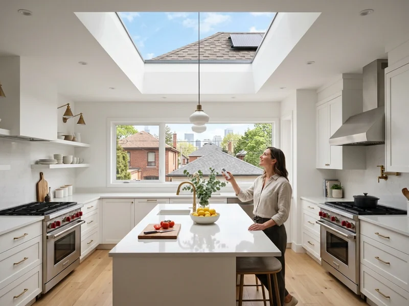Velux VSS solar skylight opened above a kitchen island