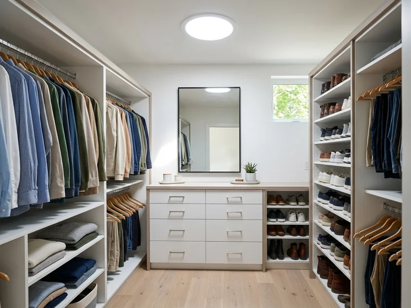 Walk-in closet lit by a sun tunnel