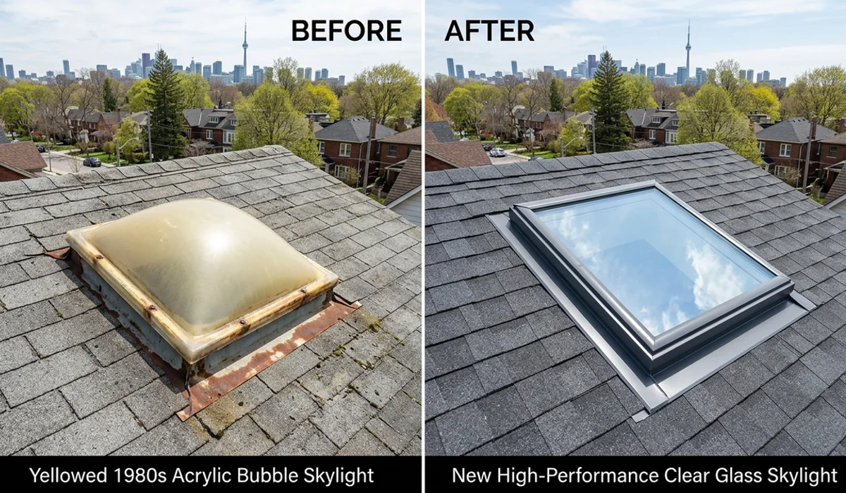 Before and after: yellowed acrylic dome versus a new Velux glass skylight on the same roof