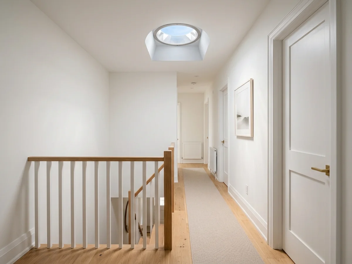 Velux sun tunnel diffuser lighting a windowless upstairs hallway