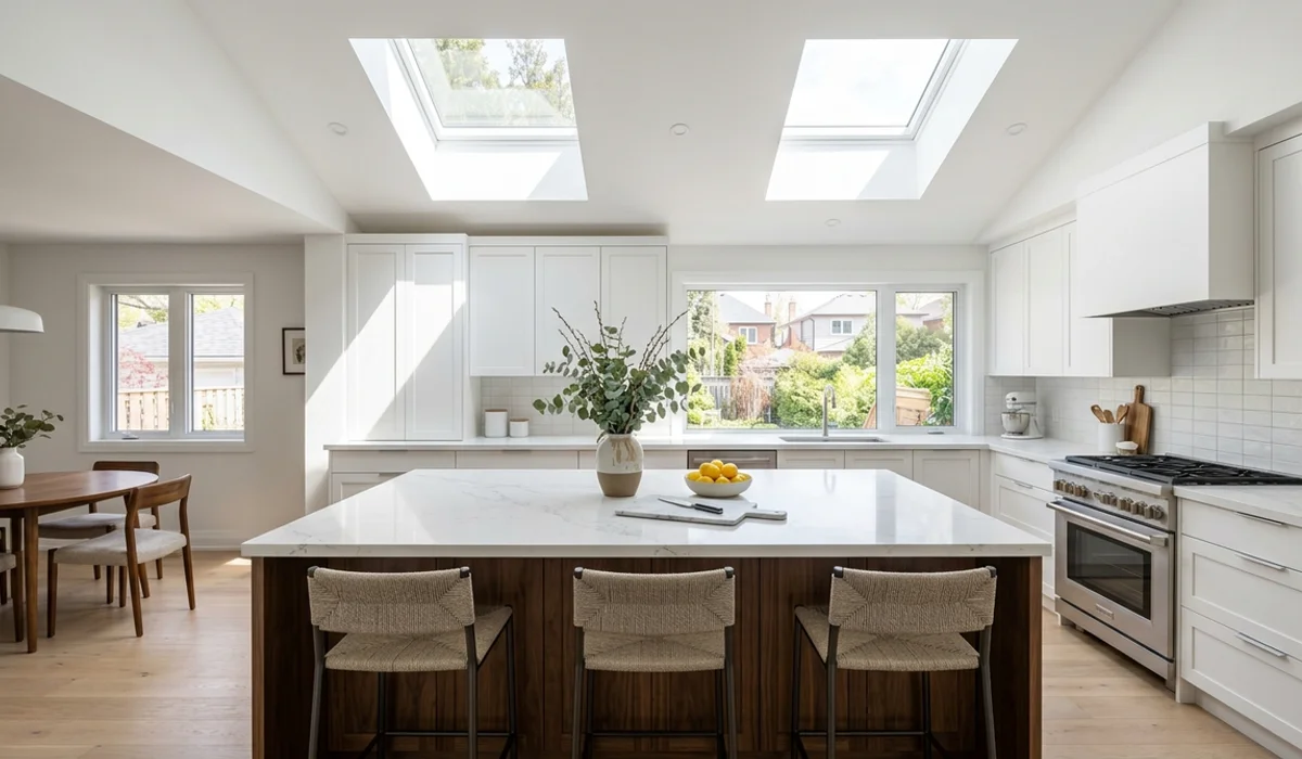 Toronto kitchen with two newly installed Velux skylights and finished light shafts