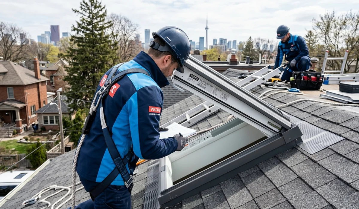 Installer reading a Velux data plate to match the size code