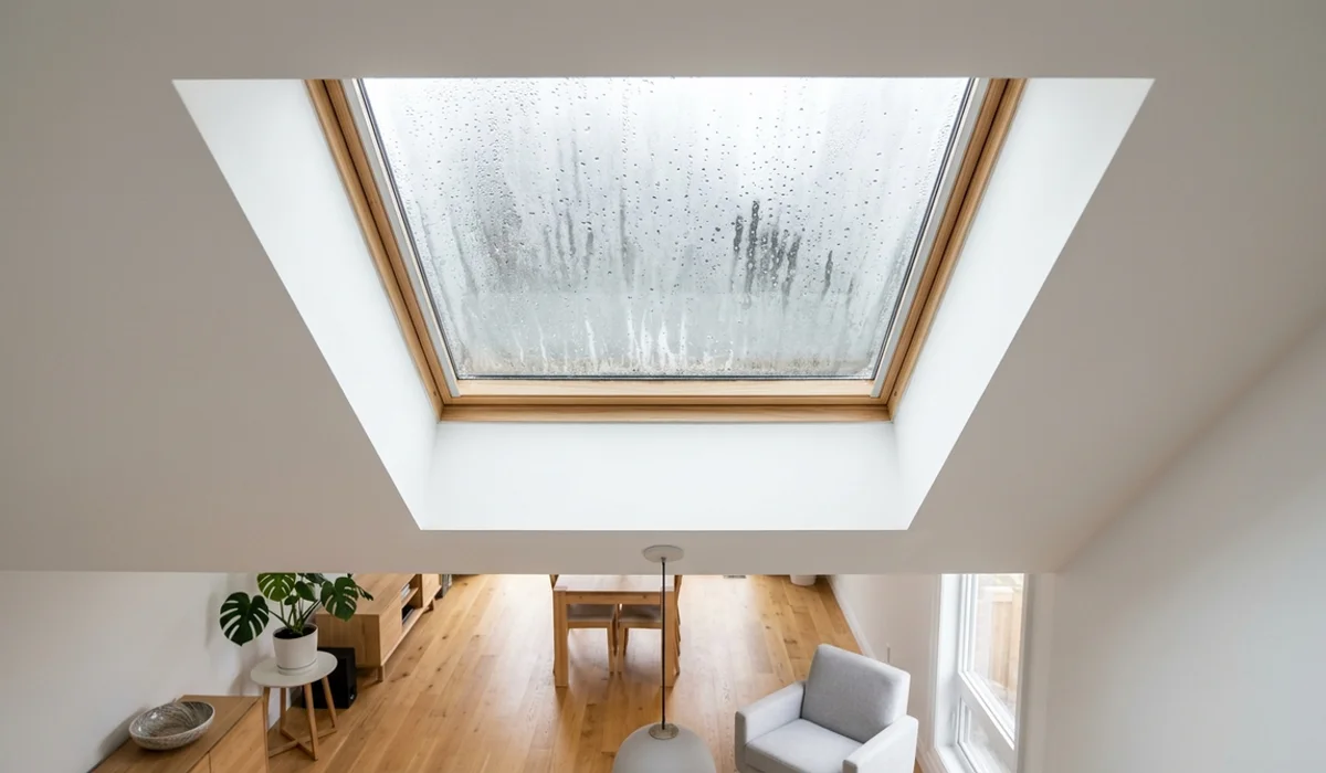Fogged skylight glass with moisture trapped between the panes