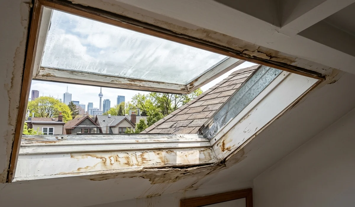 Old skylight with fogged glass and a water-stained shaft inside a Toronto home