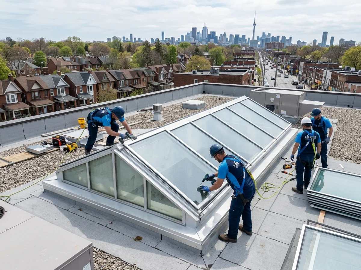 Commercial crew replacing old skylight panels on a Danforth library roof