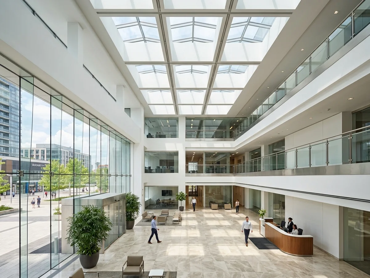 Office tower lobby atrium with fourteen new glass skylight panels in Vaughan