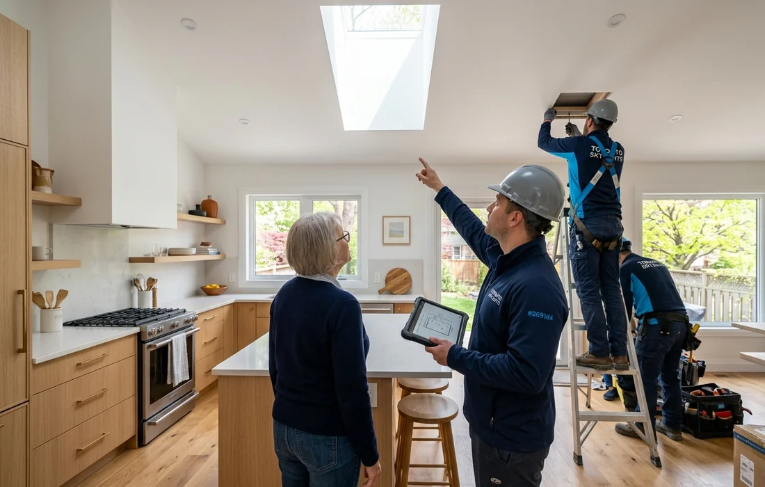 Crew lead and homeowner reviewing the kitchen ceiling during a free skylight assessment
