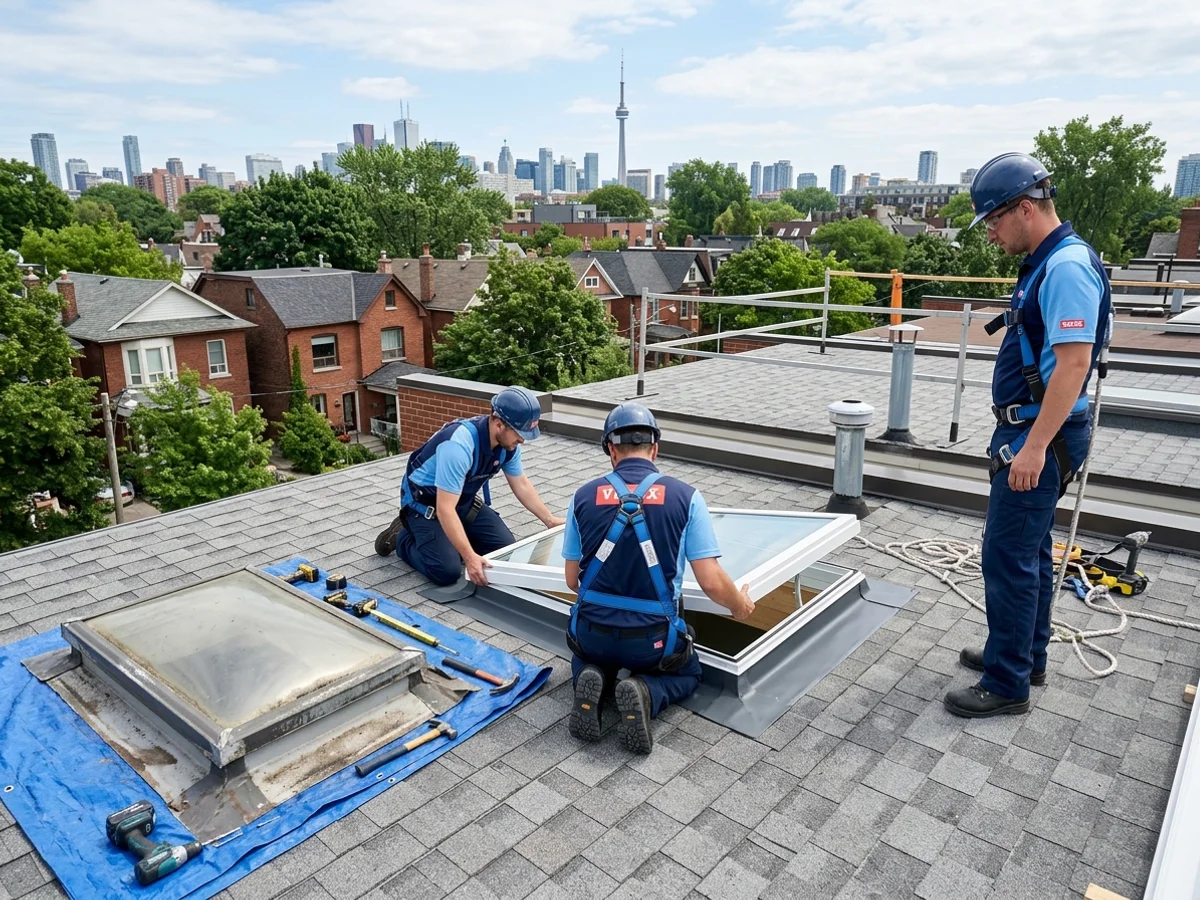 Crew replacing a 20-year-old Velux with a current model in the same opening
