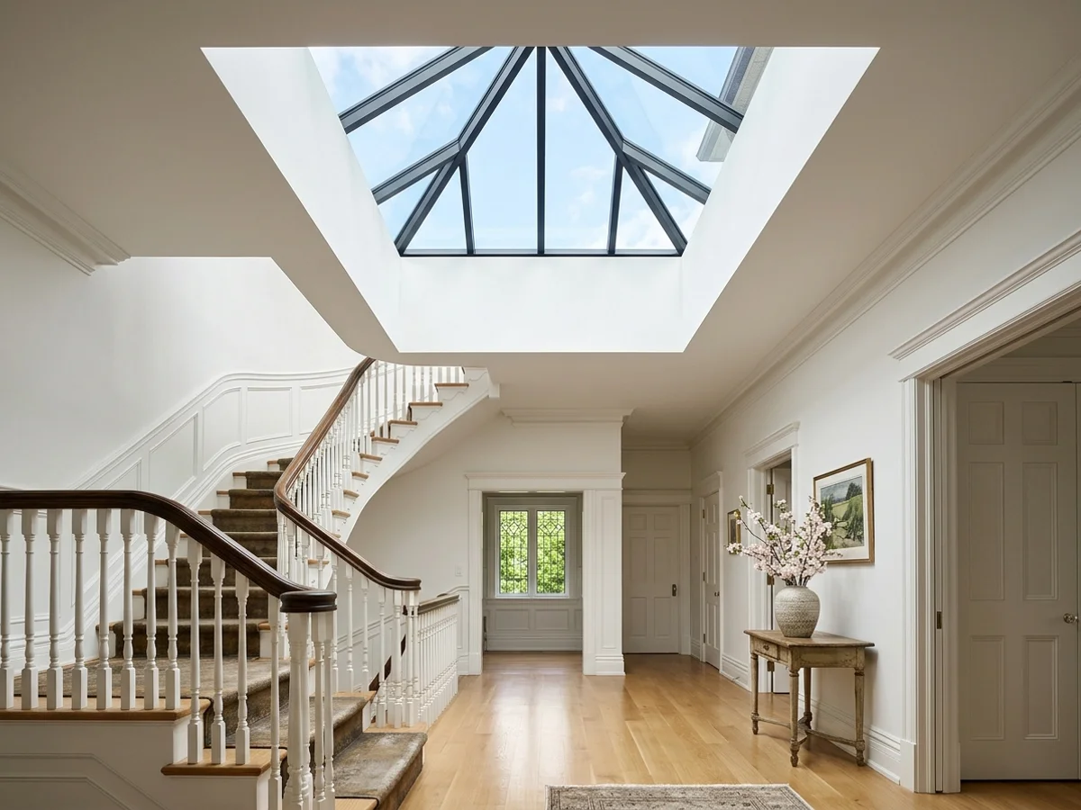 Custom glass pyramid skylight over the foyer of a Toronto heritage home