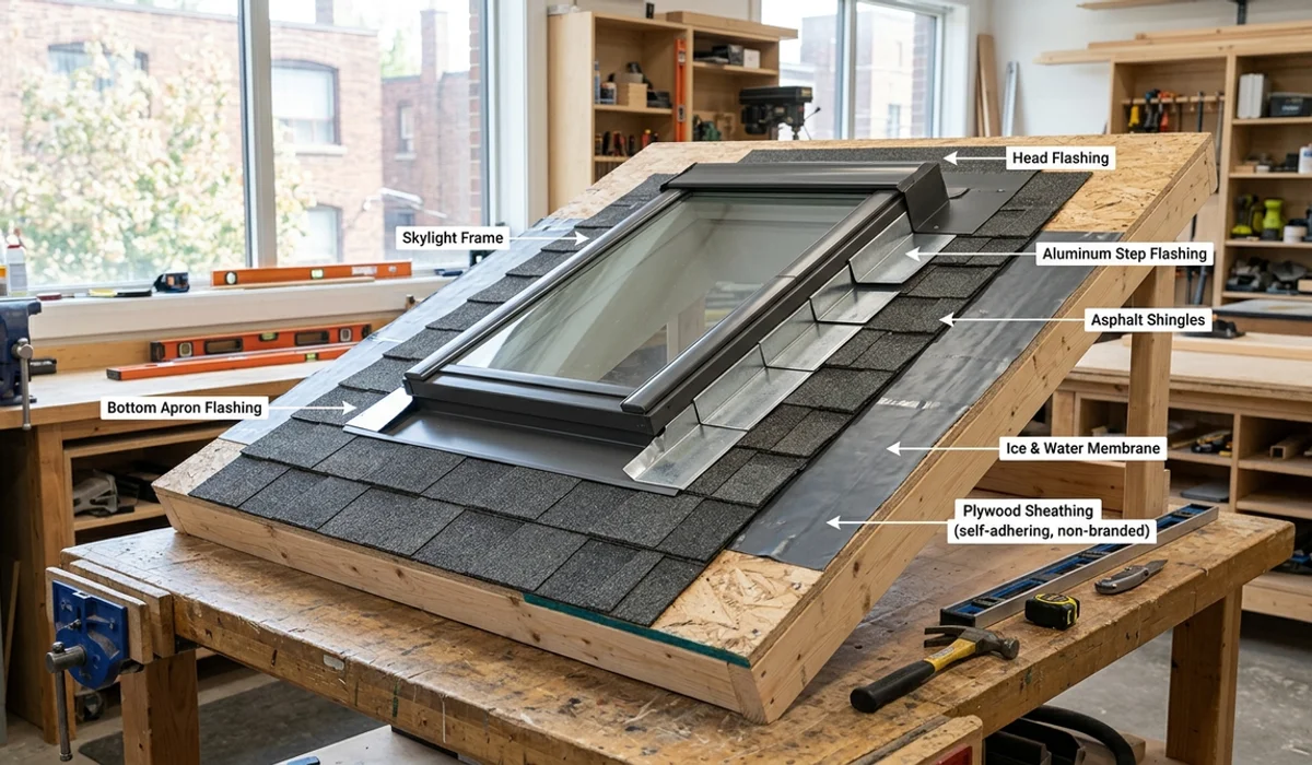 Skylight flashing layers: ice and water shield, step flashing, head flashing and apron