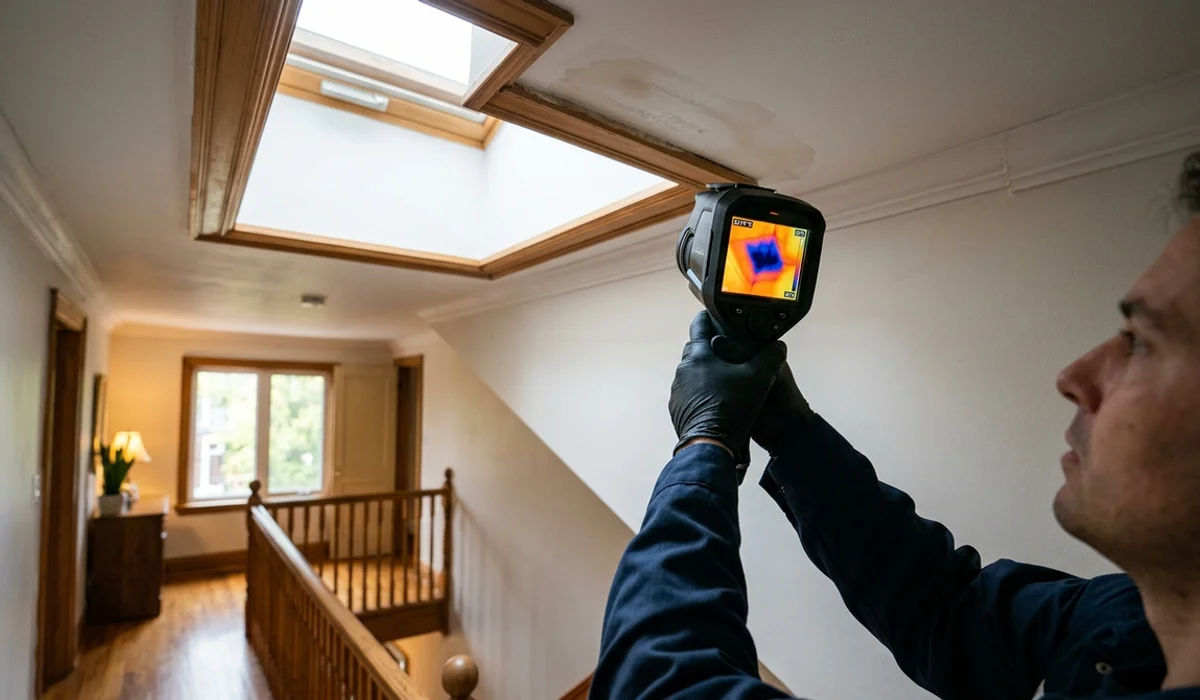 Thermal camera showing a wet cold spot beside a skylight shaft