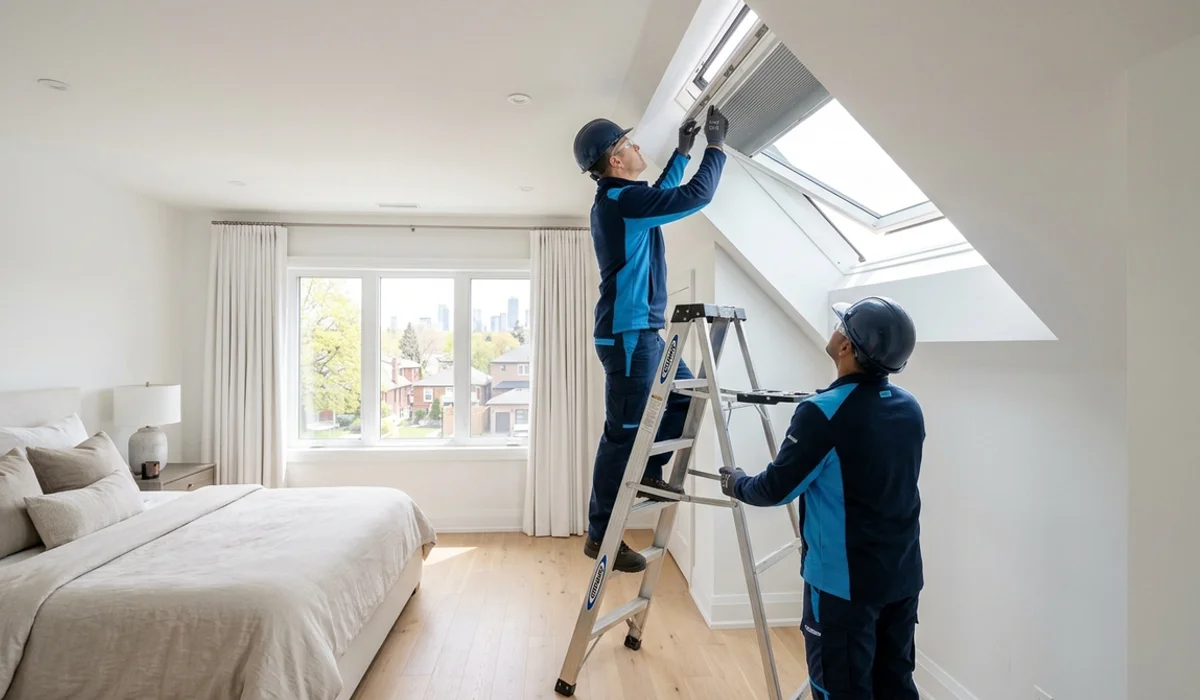 Installer fitting a Velux solar blind into a skylight frame