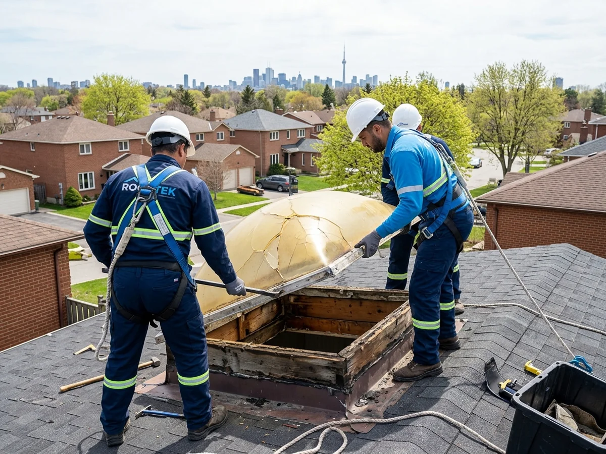 Installer removing a yellowed 1980s acrylic bubble skylight from a Mississauga roof