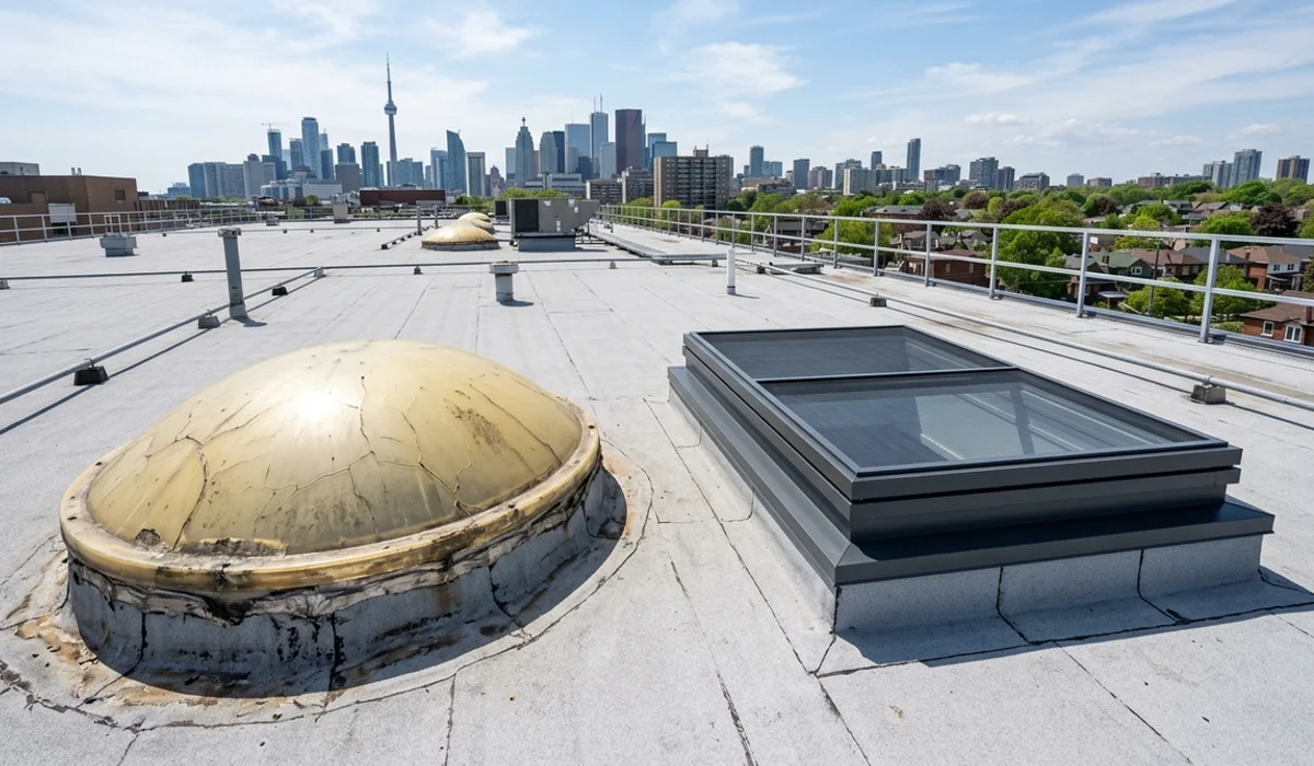 Cracked old polycarbonate dome beside a new clear commercial skylight with screen