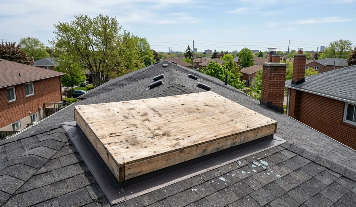 Plywood board-up over a skylight opening after a branch broke the glass
