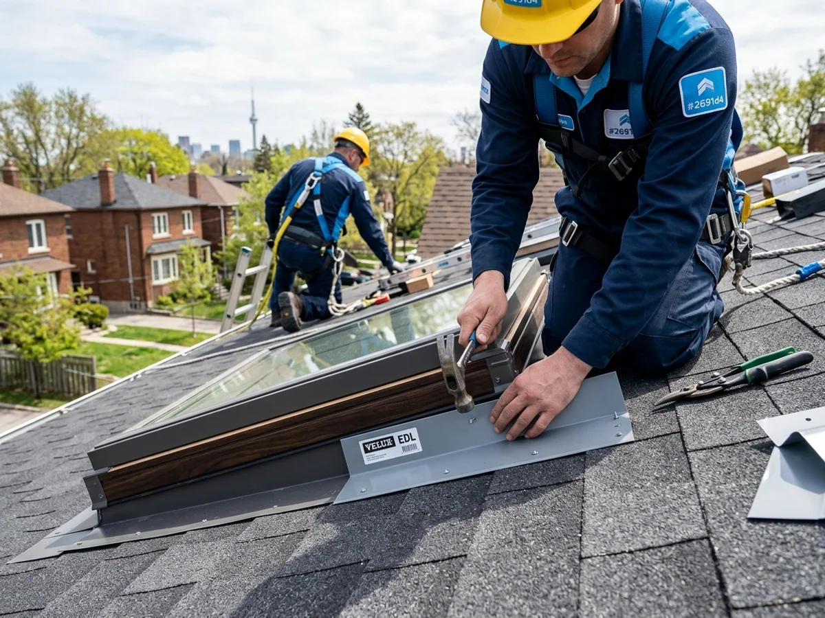 Roofer fitting a new Velux EDL flashing kit around a skylight on a Toronto roof